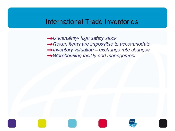 International Trade Inventories Uncertainty- high safety stock Return items are impossible to accommodate Inventory
