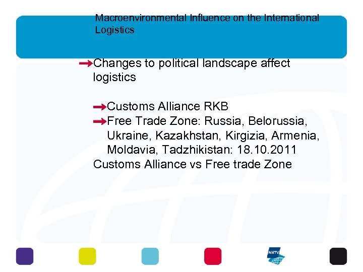 Macroenvironmental Influence on the International Logistics Changes to political landscape affect logistics Customs Alliance