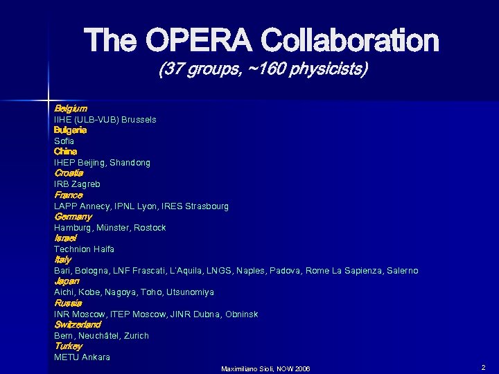 The OPERA Collaboration (37 groups, ~160 physicists) Belgium IIHE (ULB-VUB) Brussels Bulgaria Sofia China