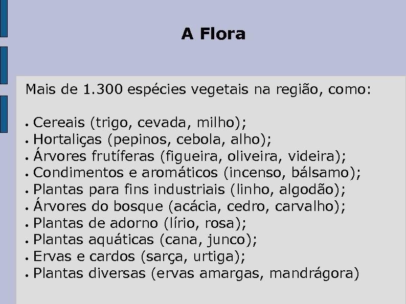 A Flora Mais de 1. 300 espécies vegetais na região, como: Cereais (trigo, cevada,