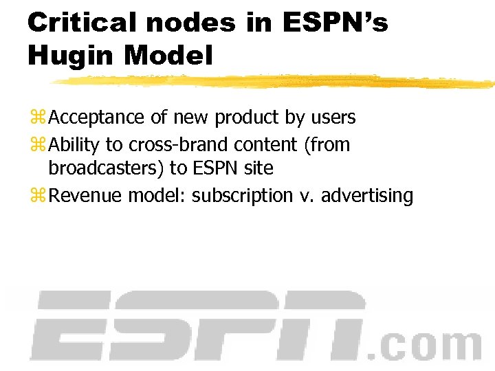 Critical nodes in ESPN’s Hugin Model z Acceptance of new product by users z