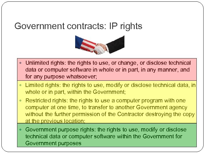 Government contracts: IP rights Unlimited rights: the rights to use, or change, or disclose