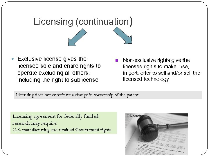 Licensing (continuation) Exclusive license gives the licensee sole and entire rights to operate excluding