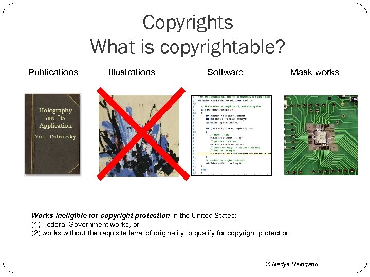 Copyrights What is copyrightable? Publications Illustrations Software Mask works Works ineligible for copyright protection