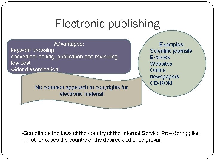 Electronic publishing Advantages: keyword browsing convenient editing, publication and reviewing low cost wider dissemination