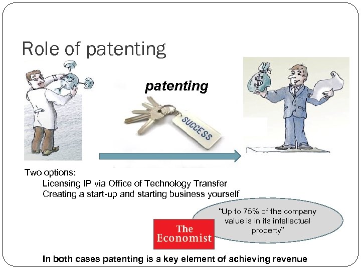 Role of patenting Two options: Licensing IP via Office of Technology Transfer Creating a