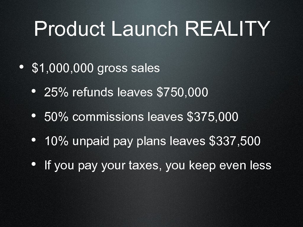 Product Launch REALITY • $1, 000 gross sales • 25% refunds leaves $750, 000