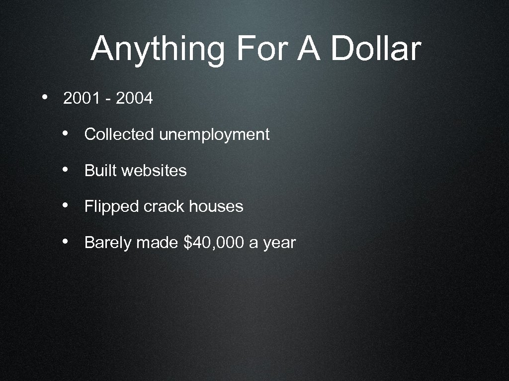 Anything For A Dollar • 2001 - 2004 • Collected unemployment • Built websites