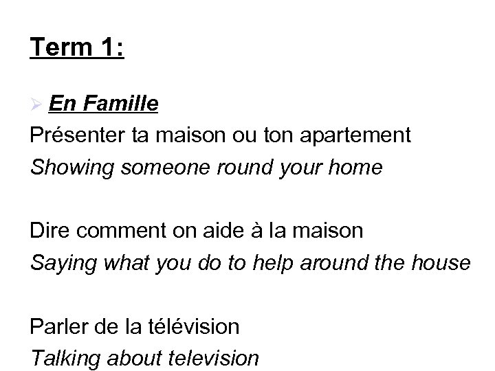 Term 1: En Famille Présenter ta maison ou ton apartement Showing someone round your