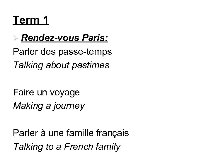 Term 1 Rendez-vous Paris: Parler des passe-temps Talking about pastimes Faire un voyage Making