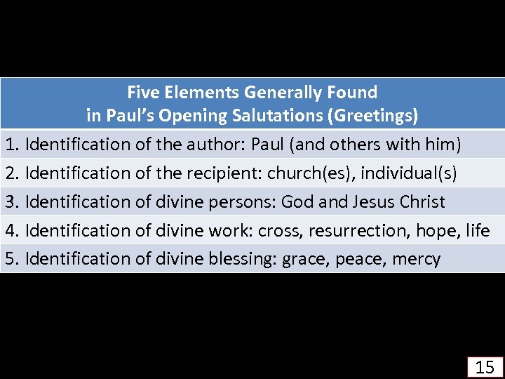 Five Elements Generally Found in Paul’s Opening Salutations (Greetings) 1. Identification of the author: