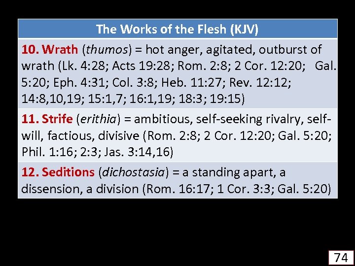 The Works of the Flesh (KJV) 10. Wrath (thumos) = hot anger, agitated, outburst