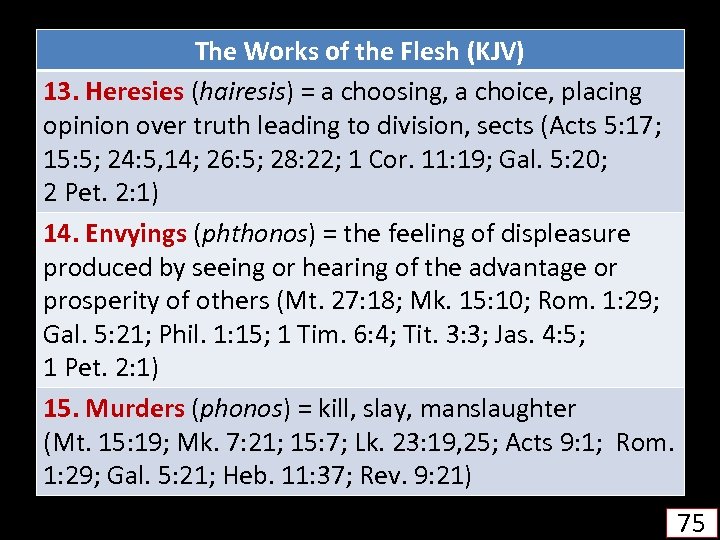 The Works of the Flesh (KJV) 13. Heresies (hairesis) = a choosing, a choice,