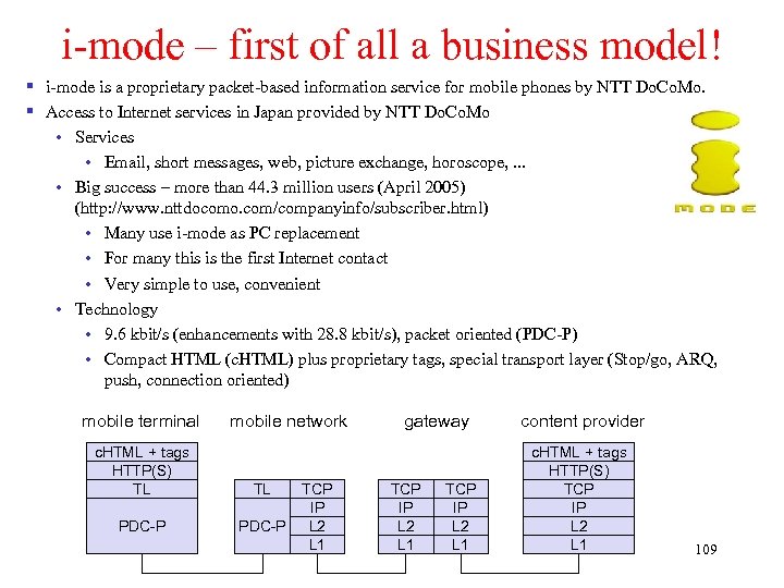 i-mode – first of all a business model! § i-mode is a proprietary packet-based