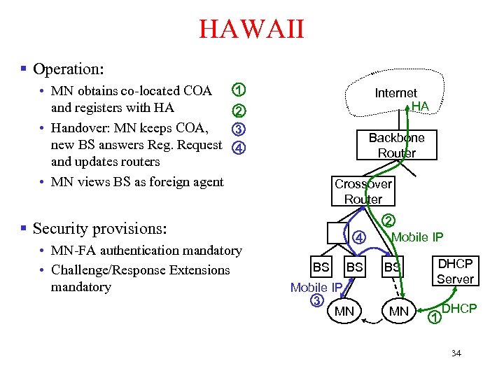 HAWAII § Operation: • MN obtains co-located COA and registers with HA • Handover: