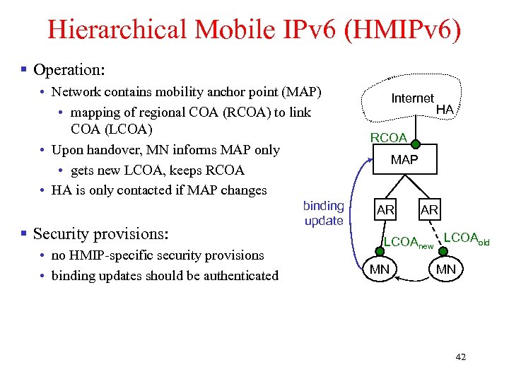 Hierarchical Mobile IPv 6 (HMIPv 6) § Operation: • Network contains mobility anchor point