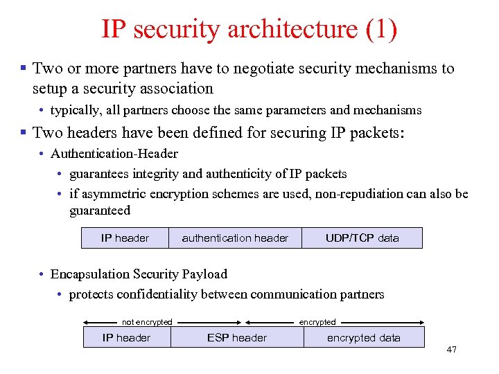 IP security architecture (1) § Two or more partners have to negotiate security mechanisms