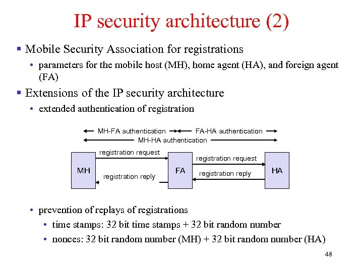 IP security architecture (2) § Mobile Security Association for registrations • parameters for the