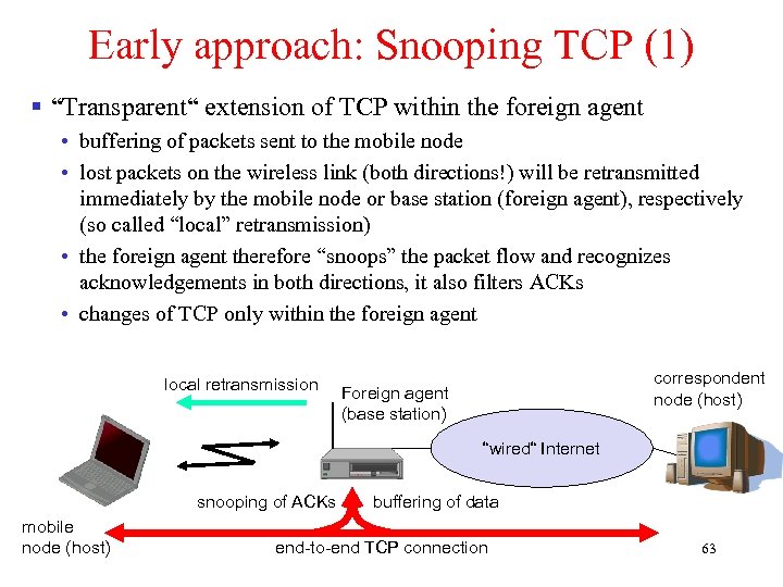 Early approach: Snooping TCP (1) § “Transparent“ extension of TCP within the foreign agent