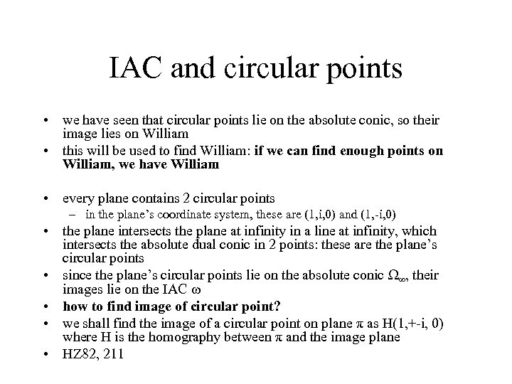 IAC and circular points • we have seen that circular points lie on the