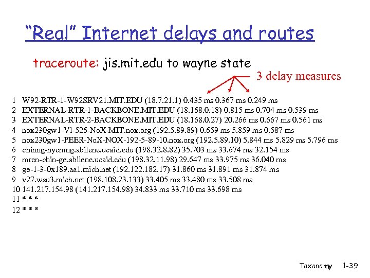 “Real” Internet delays and routes traceroute: jis. mit. edu to wayne state 3 delay
