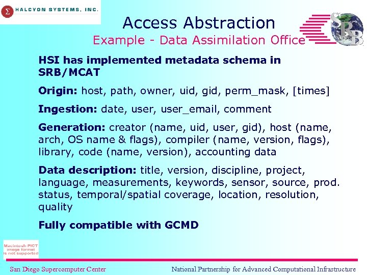 Access Abstraction Example - Data Assimilation Office HSI has implemented metadata schema in SRB/MCAT
