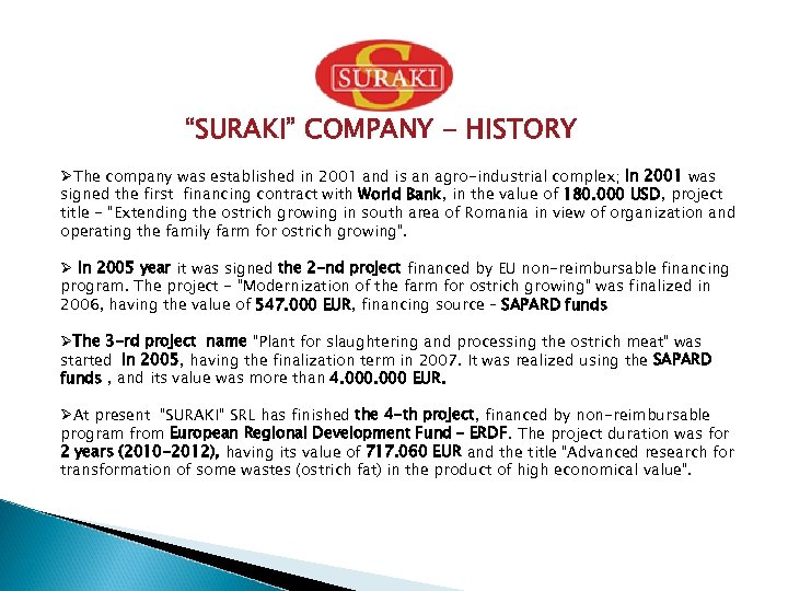 “SURAKI” COMPANY - HISTORY ØThe company was established in 2001 and is an agro-industrial