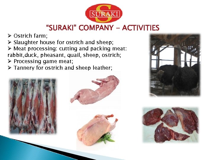 “SURAKI” COMPANY - ACTIVITIES Ø Ostrich farm; Ø Slaughter house for ostrich and sheep;