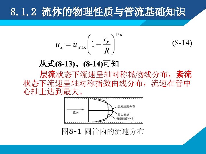 8. 1. 2 流体的物理性质与管流基础知识 (8 -14) 从式(8 -13)、(8 -14)可知 层流状态下流速呈轴对称抛物线分布，紊流 状态下流速呈轴对称指数曲线分布，流速在管中 心轴上达到最大。 