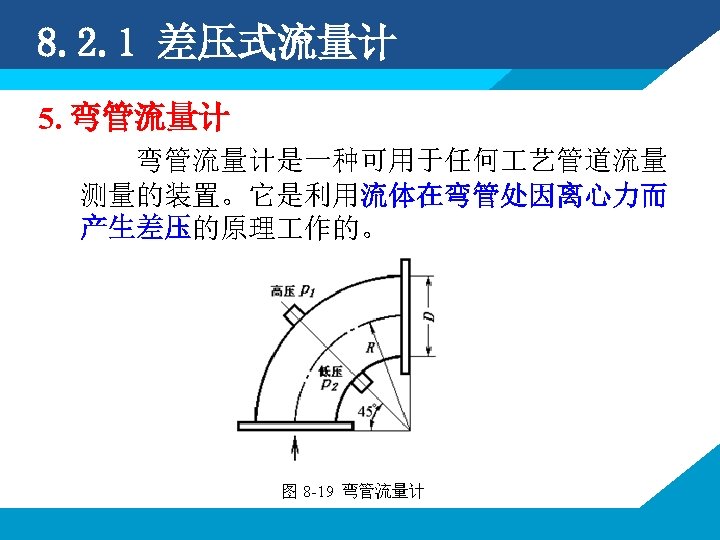 8. 2. 1 差压式流量计 5. 弯管流量计是一种可用于任何 艺管道流量 测量的装置。它是利用流体在弯管处因离心力而 产生差压的原理 作的。 