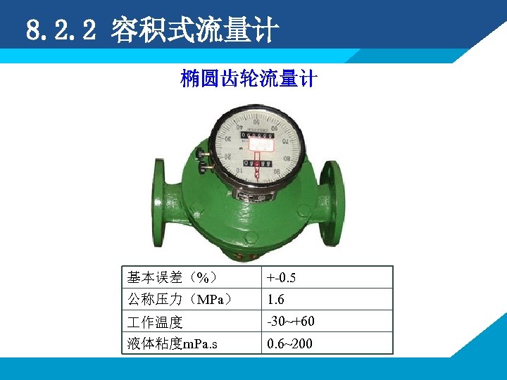 8. 2. 2 容积式流量计 椭圆齿轮流量计 基本误差（%） +-0. 5 公称压力（MPa） 1. 6 作温度 液体粘度m. Pa.