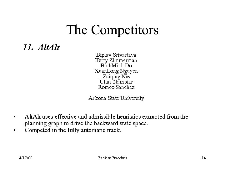 The Competitors 11. Alt Biplav Srivastava Terry Zimmerman Binh. Minh Do Xuan. Long Nguyen
