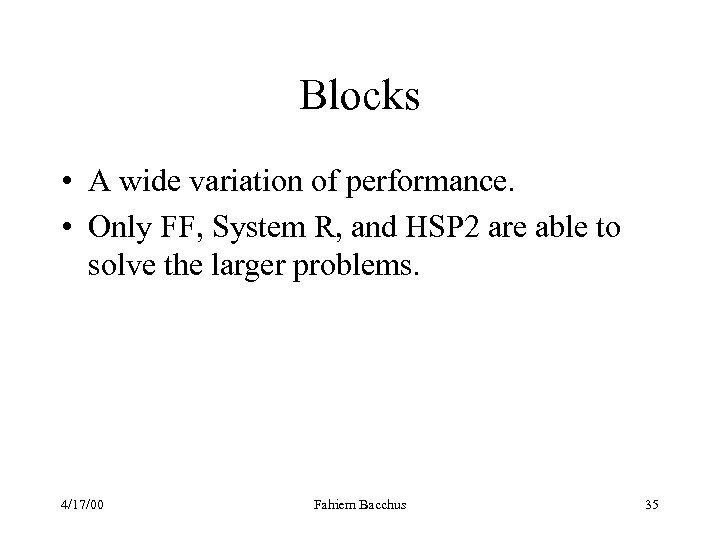 Blocks • A wide variation of performance. • Only FF, System R, and HSP