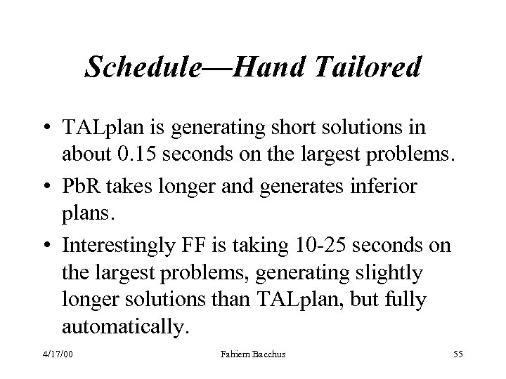 Schedule—Hand Tailored • TALplan is generating short solutions in about 0. 15 seconds on