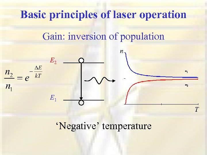 Basic principles of laser operation Gain: inversion of population n E 2 E 1