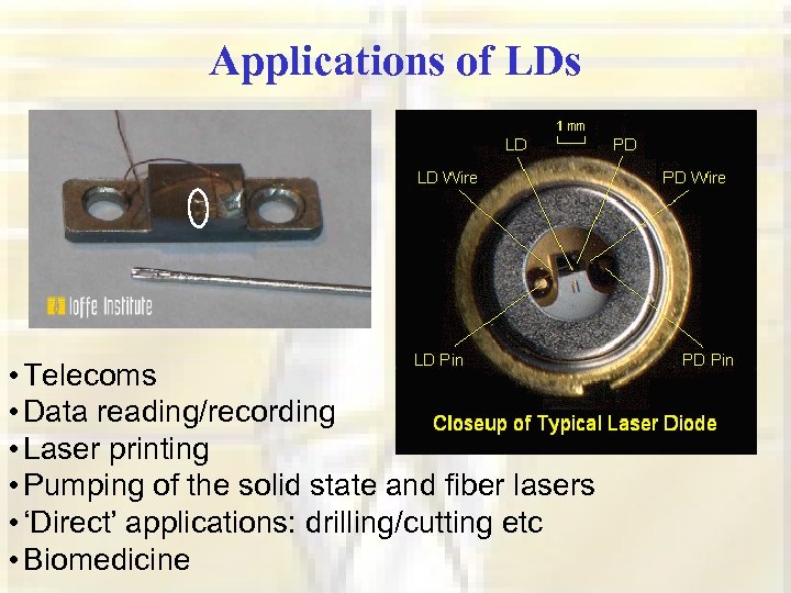 Applications of LDs • Telecoms • Data reading/recording • Laser printing • Pumping of