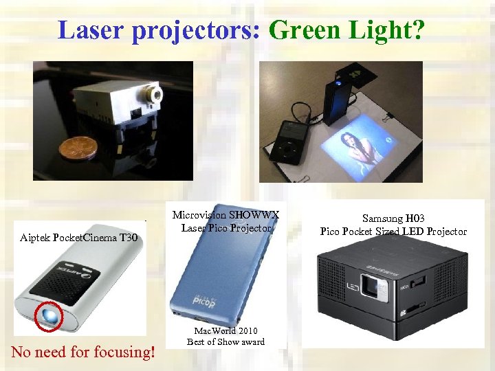 Laser projectors: Green Light? Aiptek Pocket. Cinema T 30 No need for focusing! Microvision