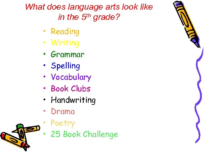 What does language arts look like in the 5 th grade? • • •