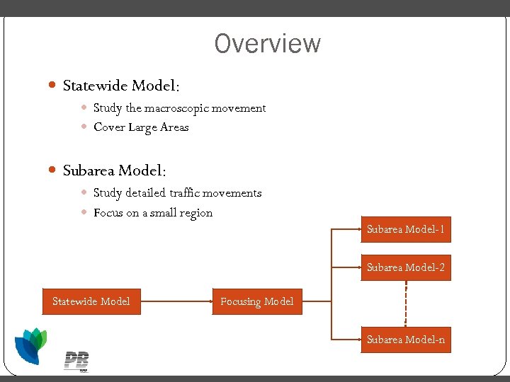 Overview Statewide Model: Study the macroscopic movement Cover Large Areas Subarea Model: Study detailed