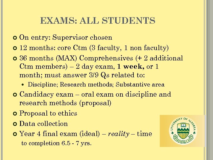 EXAMS: ALL STUDENTS On entry: Supervisor chosen 12 months: core Ctm (3 faculty, 1