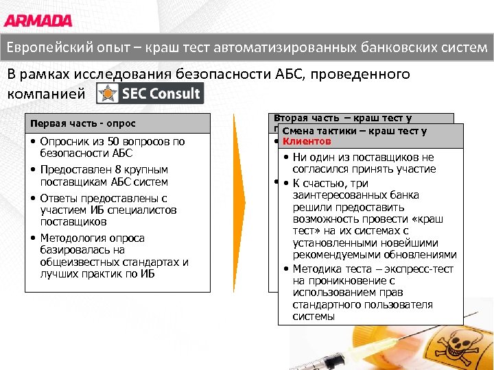 Европейский опыт –ЗАО «АРМАДА СОФТ» Основные заказчики краш тест автоматизированных банковских систем В рамках