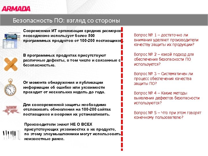 Основные заказчики ЗАО «АРМАДА стороны Безопасность ПО: взгляд со СОФТ» Современная ИТ организация средних