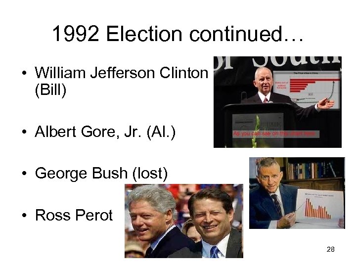 1992 Election continued… • William Jefferson Clinton (Bill) • Albert Gore, Jr. (Al. )