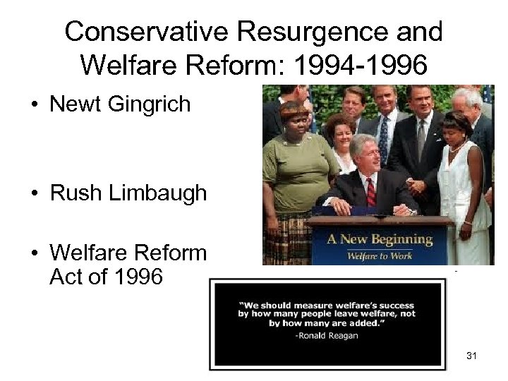 Conservative Resurgence and Welfare Reform: 1994 -1996 • Newt Gingrich • Rush Limbaugh •