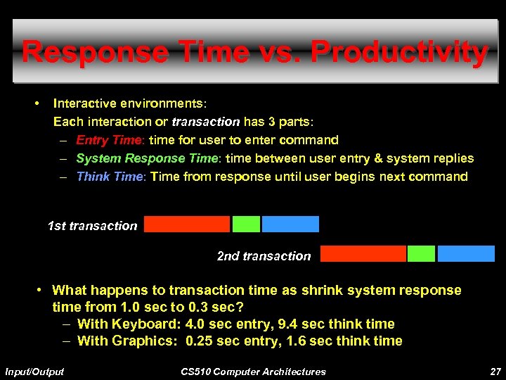 Response Time vs. Productivity • Interactive environments: Each interaction or transaction has 3 parts: