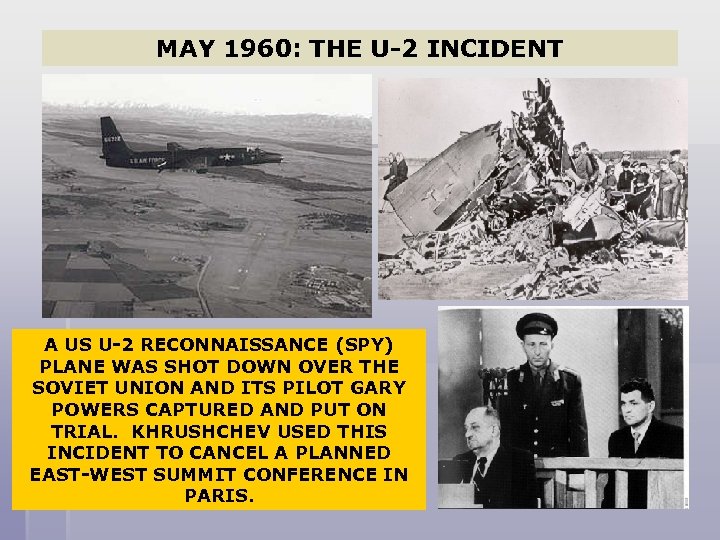 MAY 1960: THE U-2 INCIDENT A US U-2 RECONNAISSANCE (SPY) PLANE WAS SHOT DOWN
