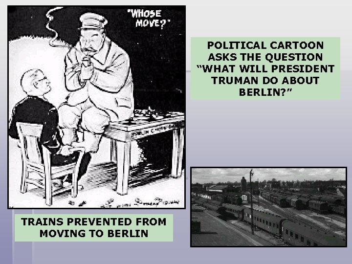 POLITICAL CARTOON ASKS THE QUESTION “WHAT WILL PRESIDENT TRUMAN DO ABOUT BERLIN? ” TRAINS