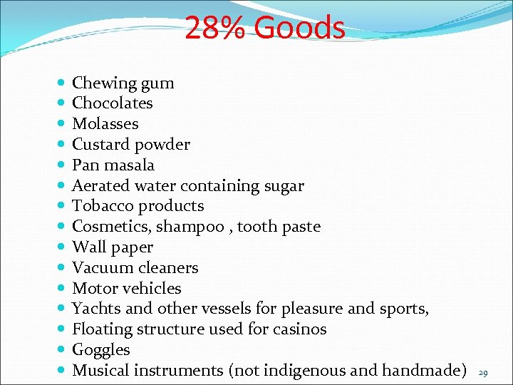 28% Goods Chewing gum Chocolates Molasses Custard powder Pan masala Aerated water containing sugar