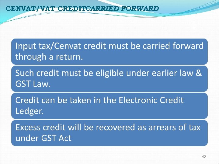 CENVAT/VAT CREDITCARRIED FORWARD 45 