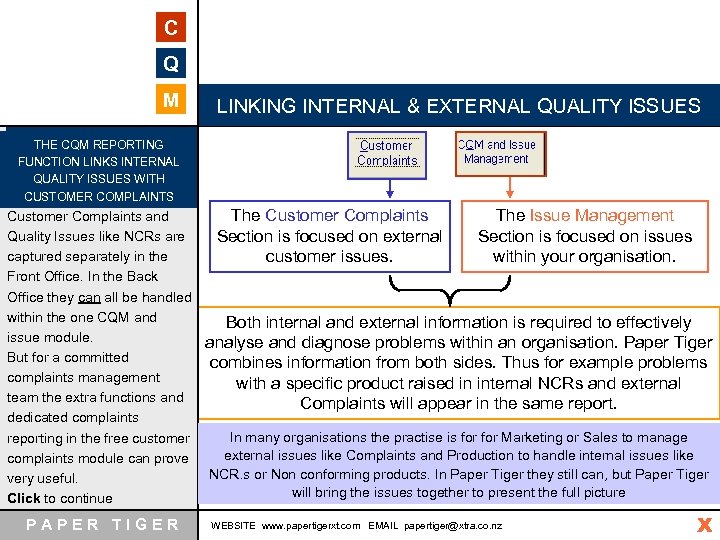 C Q M LINKING INTERNAL & EXTERNAL QUALITY ISSUES THE CQM REPORTING FUNCTION LINKS